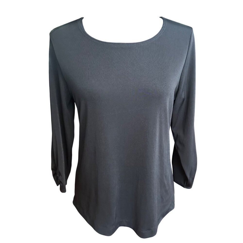 Chico's Shirt Size 1 Medium Black Easy Wear 3/4 Sleeve Detail Women Round Neck
